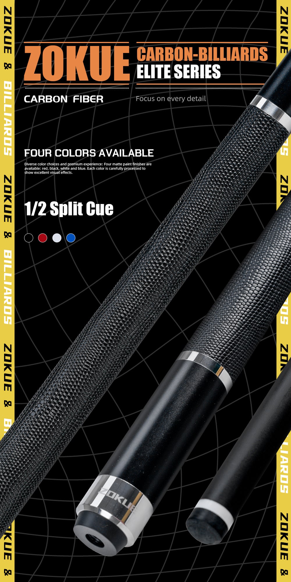 ZOKUE Elite Series Carbon Fiber Pool Cue Low Deflection Full Carbon Technology Cue Stick For Beginner Primary Pool Stick