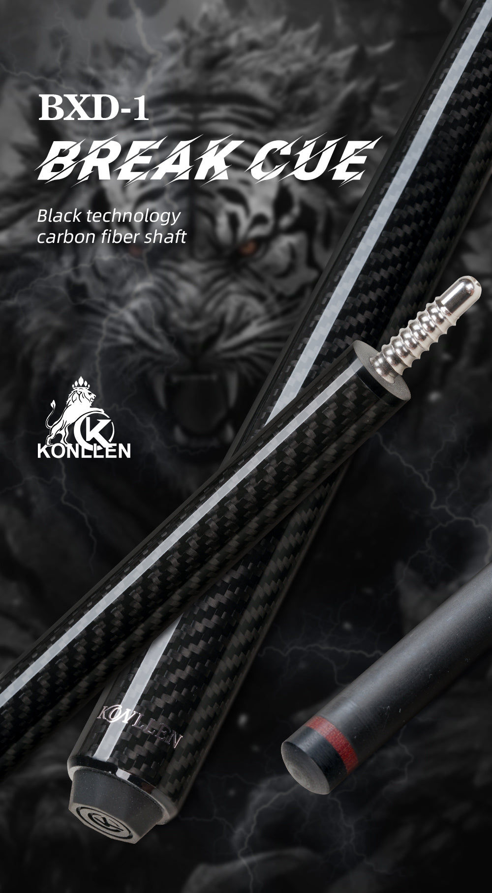 KONLLEN HEIHU Carbon Fiber Break Cue Pool Stick 147cm Powerful and Precise Break Shaft Pool Stick with 13.0mm Tips