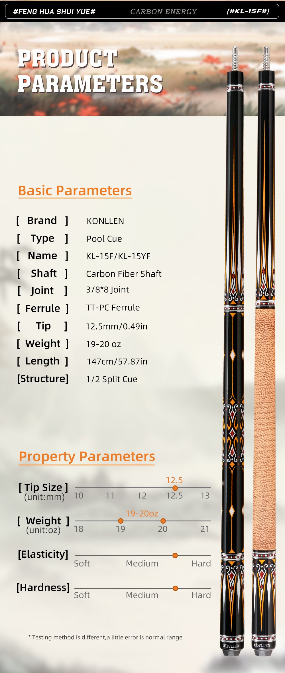 KONLLEN Original KL-15F Billiard Carbon Fiber Pool Cue Stick 12.5mm Tip 3*8/8 Joint Pin Professional Taper Leather Grip Billiard Cue Kit