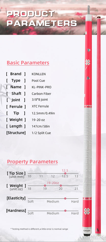 KONLLEN Pink Carbon Fiber Pool Cue Stick for Women KL-Pink-Pro 58" Girlish Lucky Low Deflection Pool Sticks with 12.5mm Tip