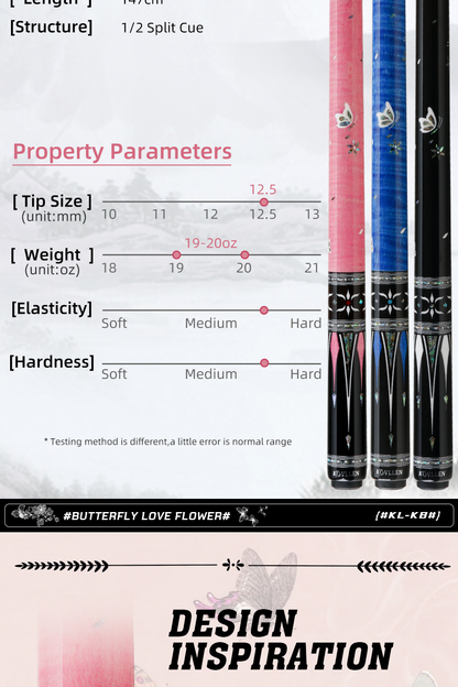 KONLLEN Butterfly Love Cues, KL-KB, 12.5mm Hardrock Maple Shaft Contains Carbon Tube Stick, Handmade Inlay Production Billiard