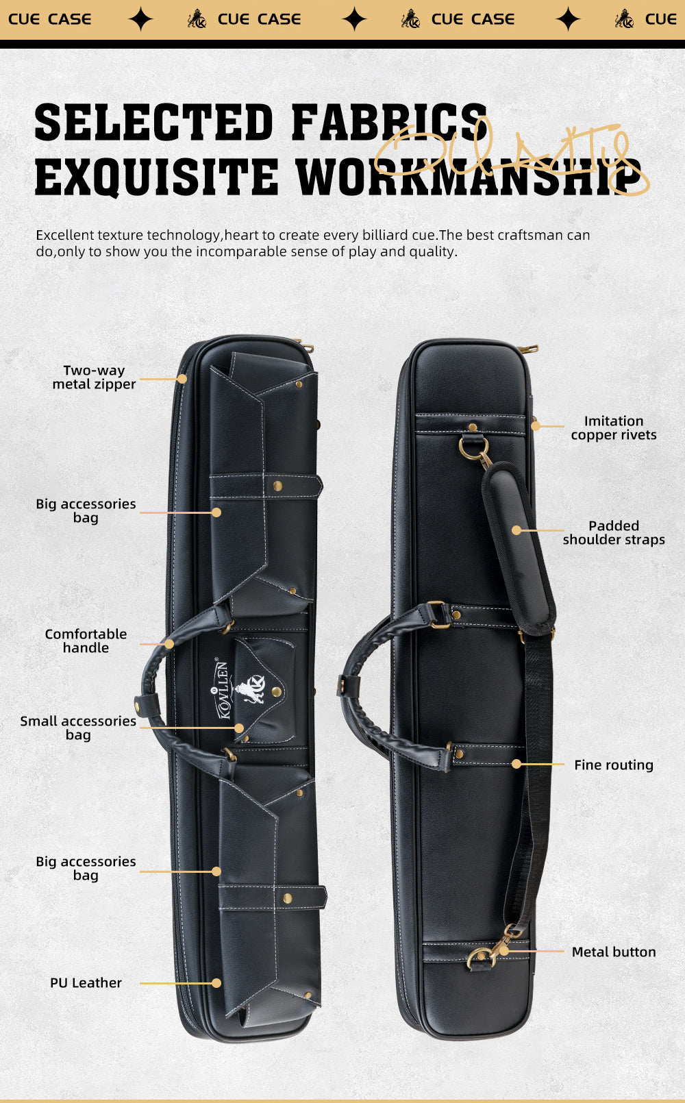 KONLLEN Pool Cue Case 7holes PU Leather Carrying Cases 3 Butts 4 Shafts Pockets Billiard Accessories