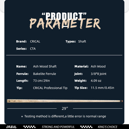 CRICAL Technologia Shaft for Pool Cue, Tiger Tip, Selected Ash Wood Shaft, 11.5mm 3/8*8 Radial Pin Joint Single Shaft