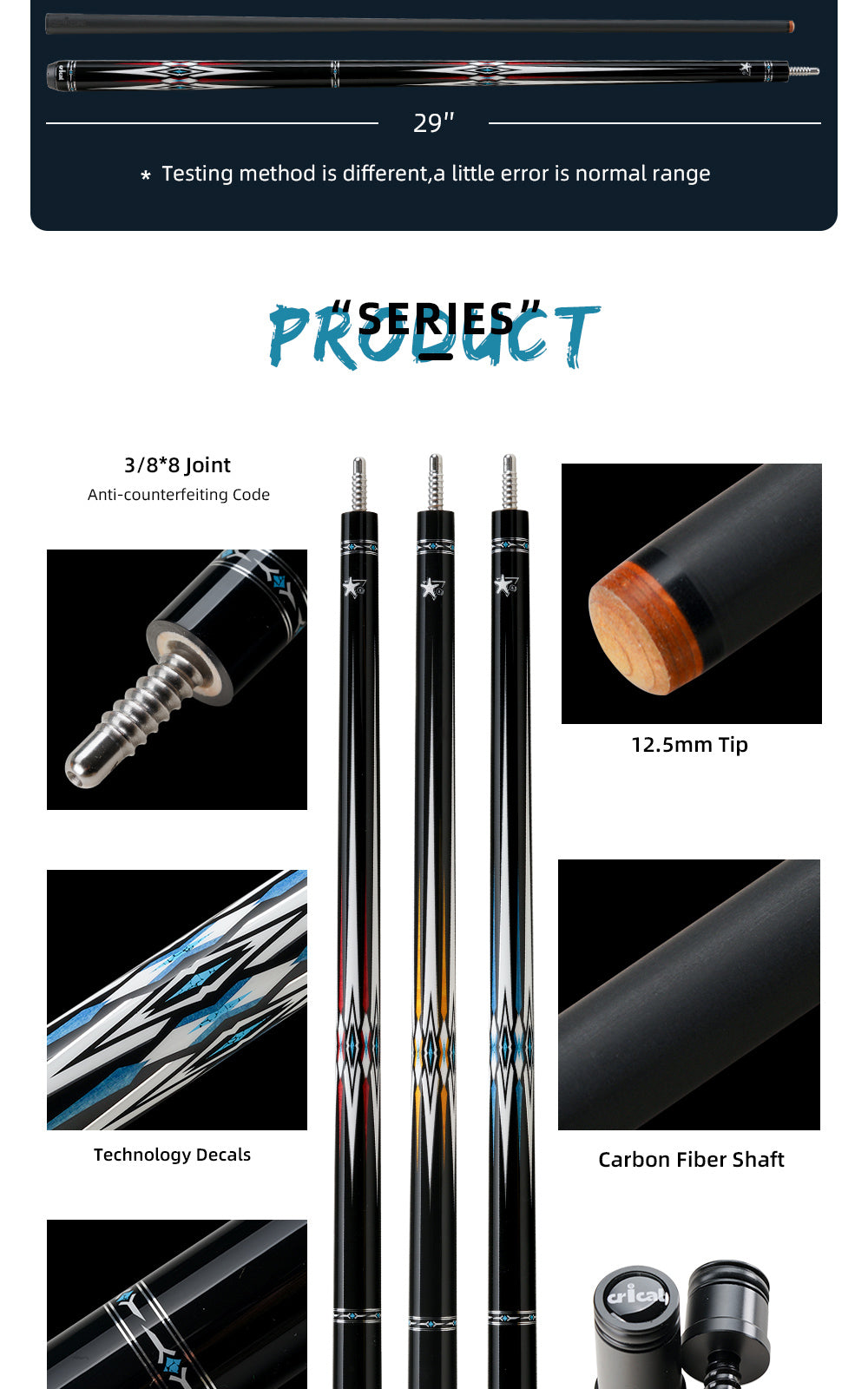 CRICAL LEADER Carbon Fiber Pool Cue 12.5mm Tip 3/8*8 Radial Joint Carbon Cue Fiber Billiard Stick Free Gift