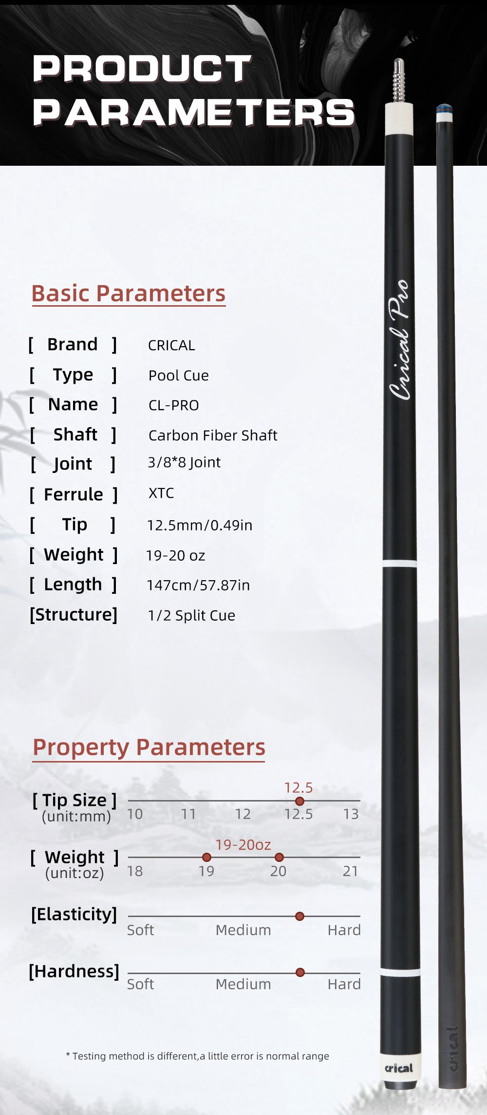 CRICAL CL-PRO Carbon Fiber Pool Cue Stick Black Technology Low Deflection 12.4mm Tip 3 * 8/8 Joint Pin Professional 1/2 Billiard