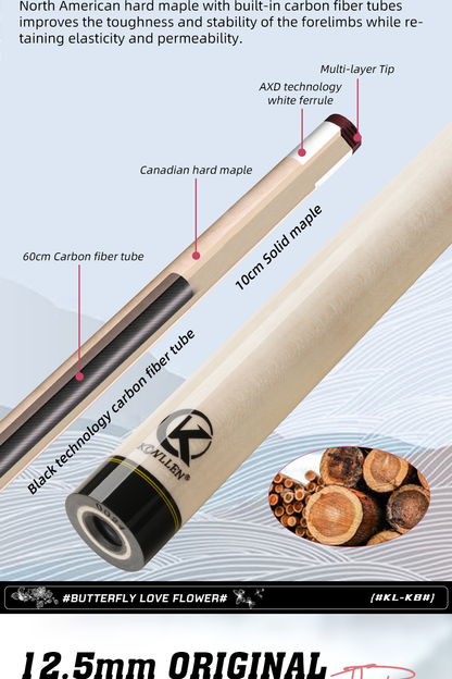 KONLLEN Butterfly Love Cues, KL-KB, 12.5mm Hardrock Maple Shaft Contains Carbon Tube Stick, Handmade Inlay Production Billiard