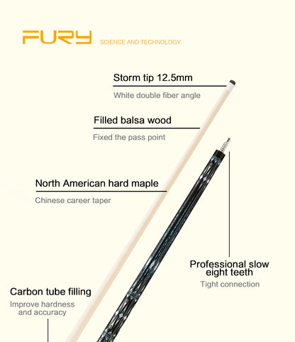 Fury LC Series Pool Cue Stick Kit Billiard Canadian Maple Shaft 12.5mm Tip Center Joint Radial Digital Engraving Bare Wrap Stick