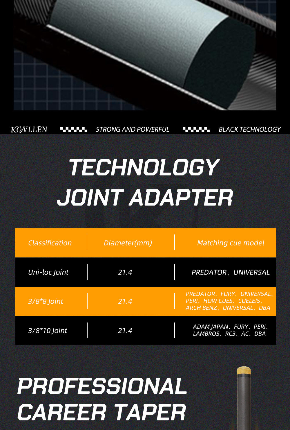 KONLLEN-Carbon Fiber Shaft for Billiard Pool Cue Stick, Uni-Loc Joint, Single Shaft, 10.5mm, 11.5mm,12.5mm