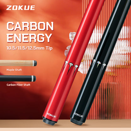 ZOKUE Carbon Fiber Pool Cue Stick with 2 Shafts Low Deflection Full Carbon Technology 1/2 Split Billiards Pool Stick Set with 10.5/11.5/12.5mm Tip