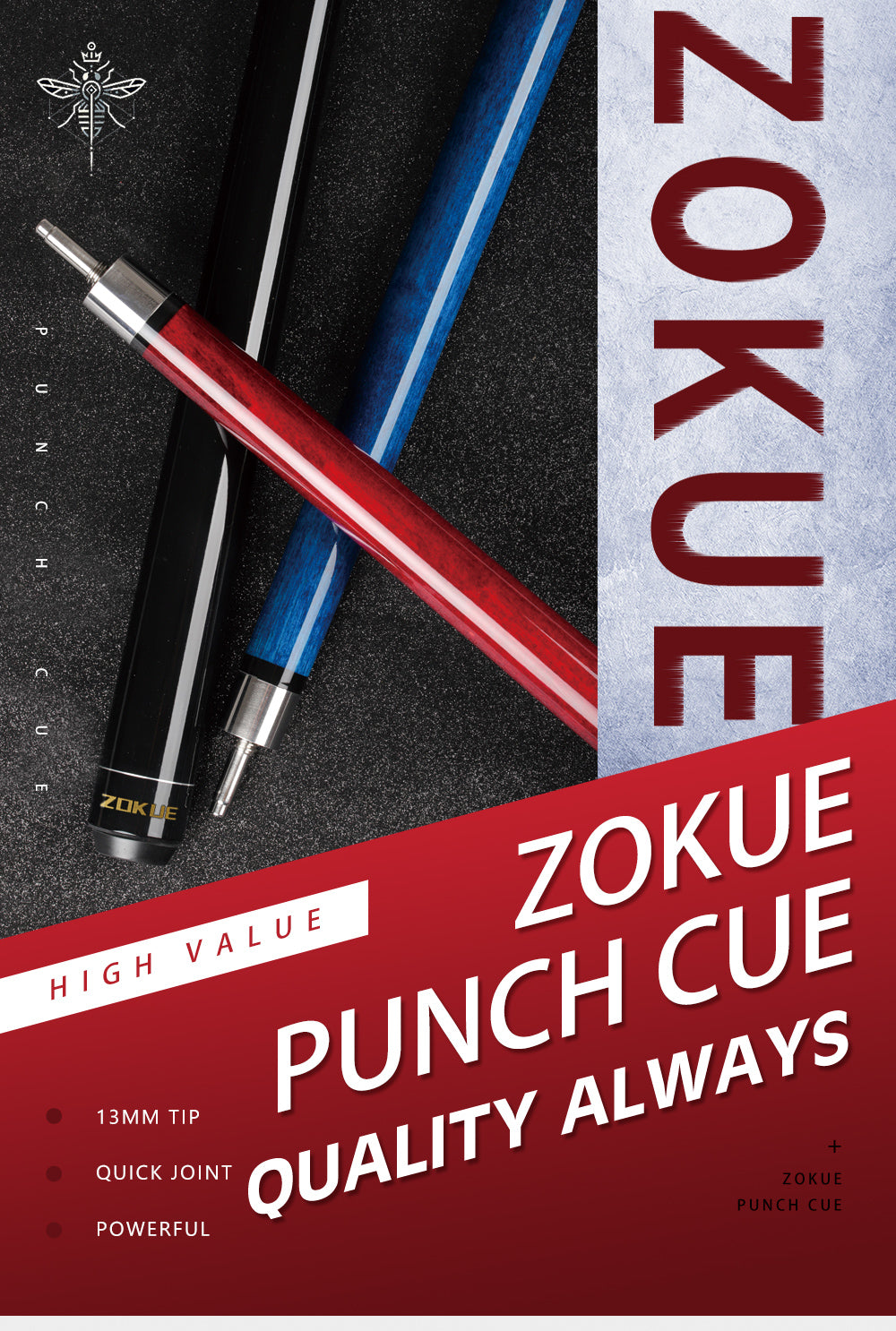 ZOKUE Billiard Punch Cue, Uni-Lock, Quick Joint, 13mm Tip Maple Shaft, Smooth Wrap Break, Strong Powerful Kit, Exquisite Design