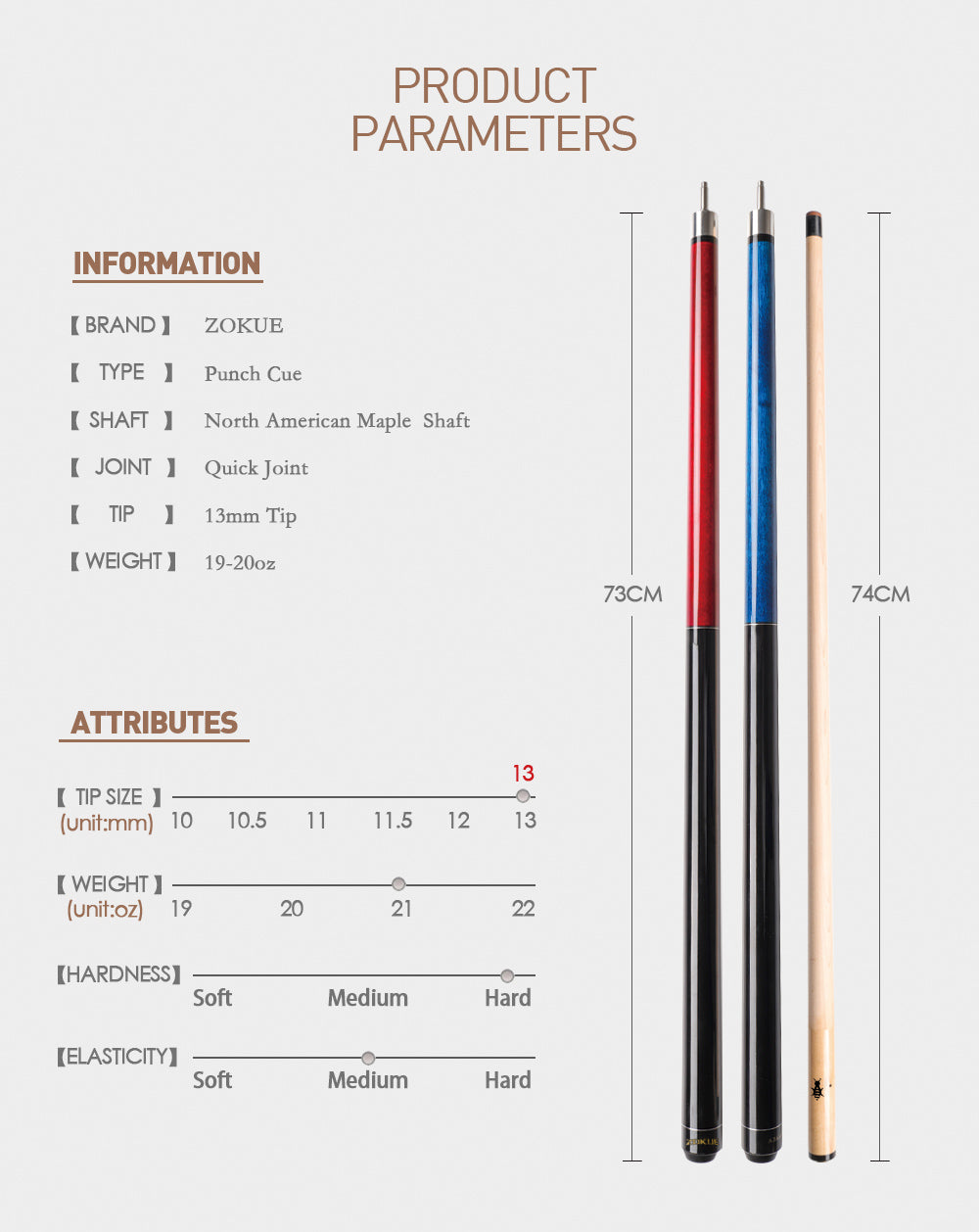 ZOKUE Billiard Punch Cue, Uni-Lock, Quick Joint, 13mm Tip Maple Shaft, Smooth Wrap Break, Strong Powerful Kit, Exquisite Design