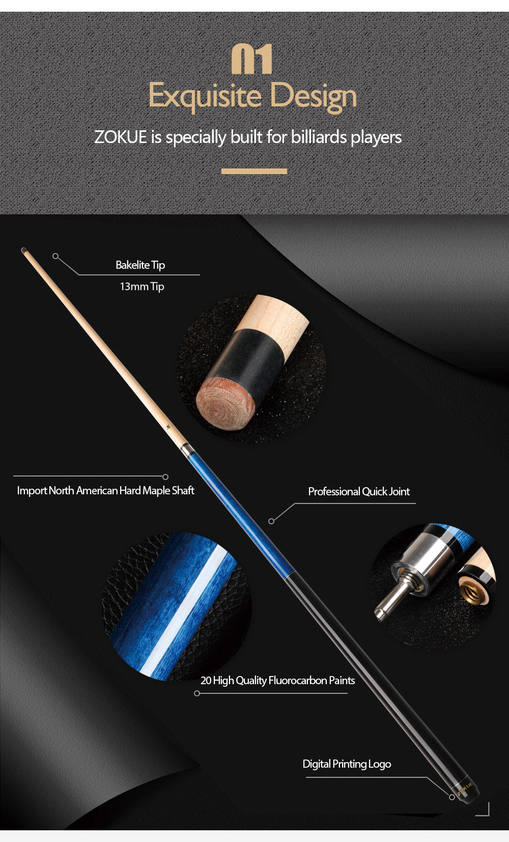 ZOKUE Billiard Punch Cue, Uni-Lock, Quick Joint, 13mm Tip Maple Shaft, Smooth Wrap Break, Strong Powerful Kit, Exquisite Design