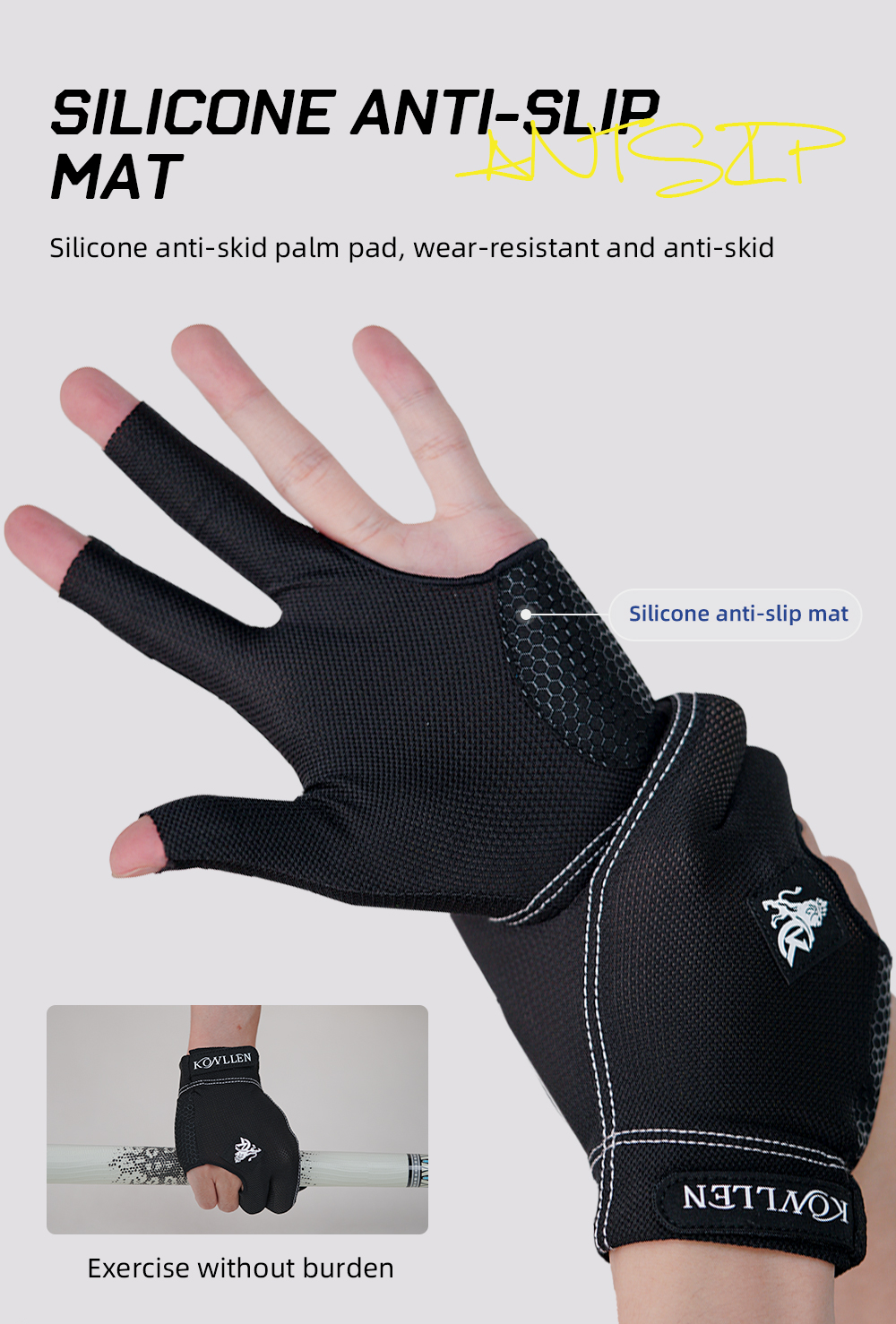 KONLLEN Pool Gloves for Left/Right Hand 3 Finger, Snooker Cue Sport Glove Popular Sizes for Men & Women with Adjustable Velcro Billiard accessories