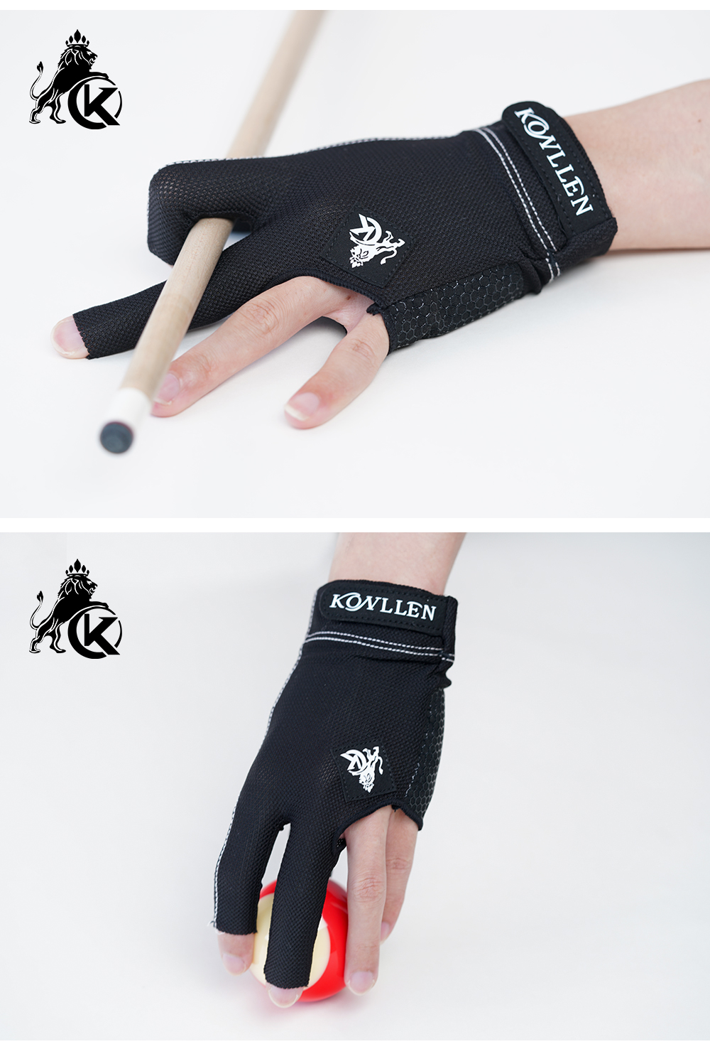 KONLLEN Pool Gloves for Left/Right Hand 3 Finger, Snooker Cue Sport Glove Popular Sizes for Men & Women with Adjustable Velcro Billiard accessories