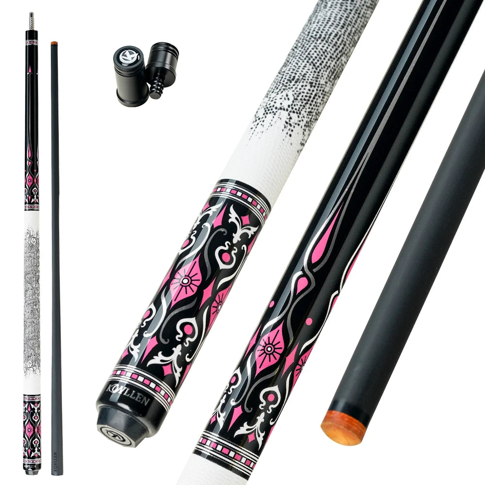 KONLLEN AK-02F Carbon Fiber Pool Cue Stick with 12.5mm Tip Pink Leather Grip Low Deflection Suitable for Woman for Billiard Cue