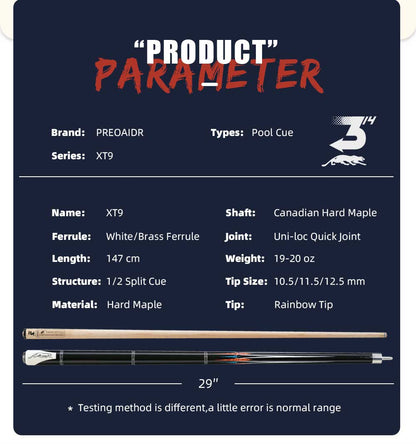 PREOAIDR-Billiard Pool Cue Stick, Snooth Grip, Uni-lock Joint Technology, XT9 3142, 10.5mm, 11.5mm, 12.5mm