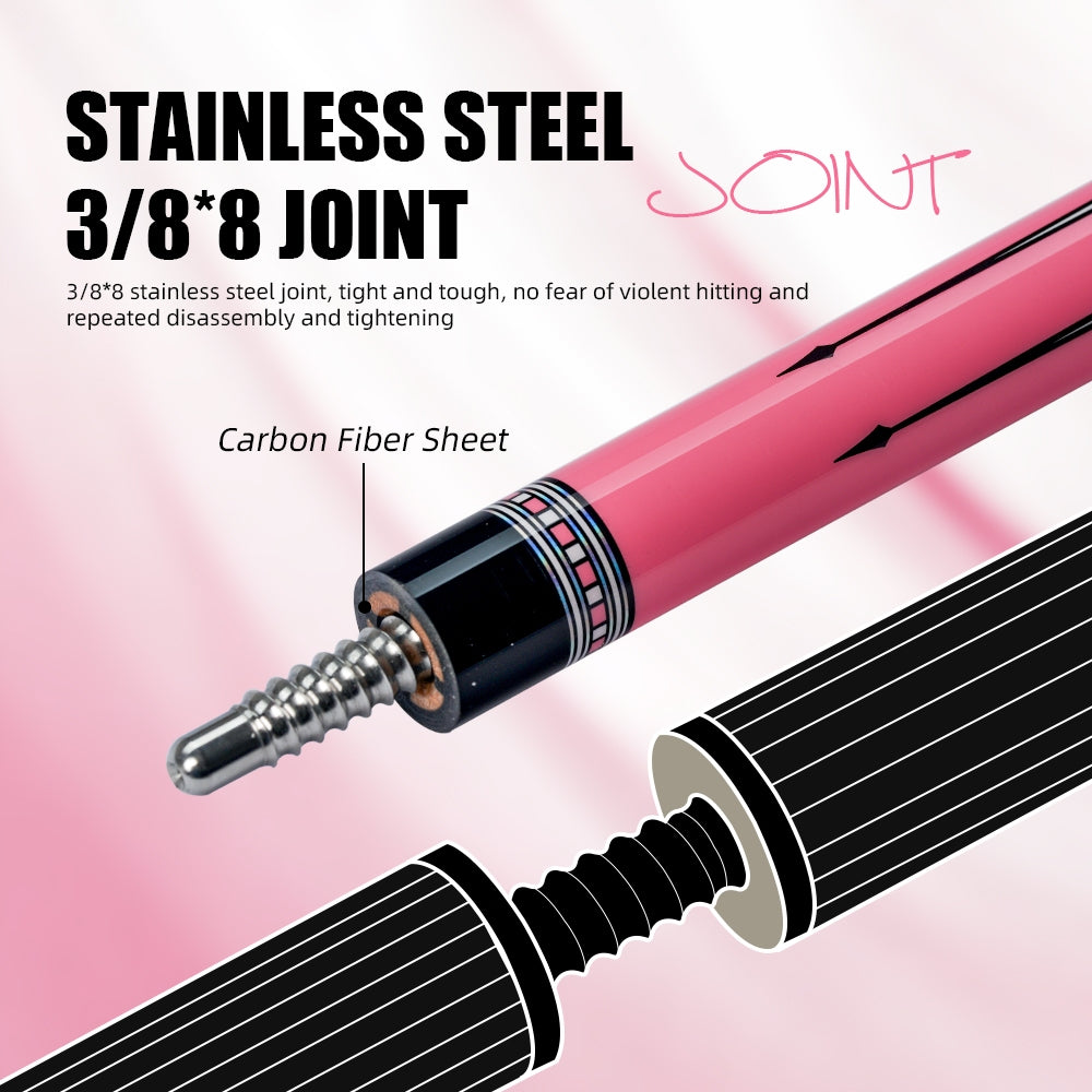 KONLLEN KL-AK01F Carbon Fiber Pool Cue Stick with 12.5mm Tip Pink Handle Low Deflection Suitable for Woman Billiards Cue