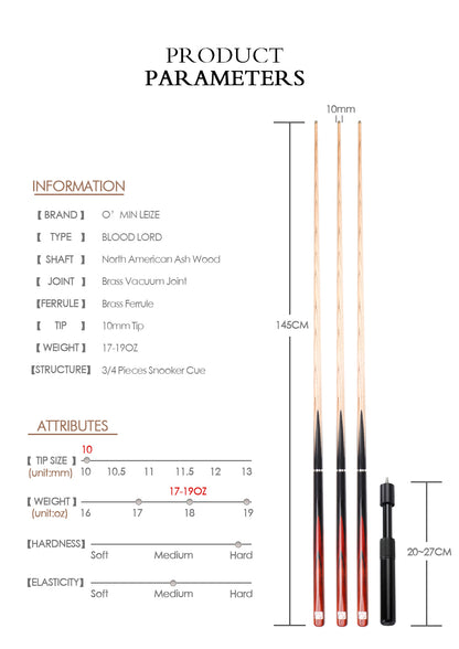 O'MIN Blood Lord 3/4 Snooker Cue Ebony Butt with Case with Extension Billiard Snooker 10mm Tip with Professional Cue Free Gift