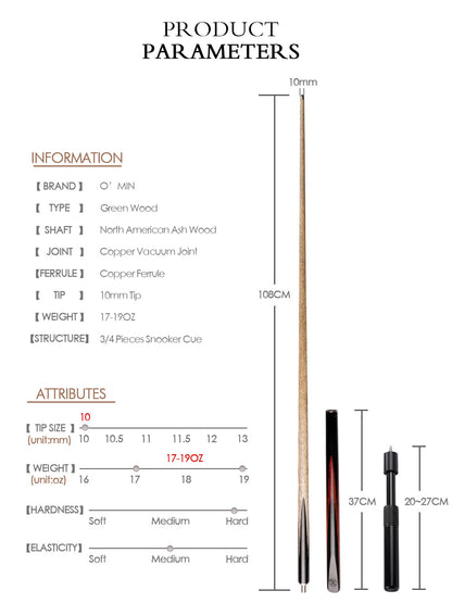 O'MIN Green Wood 3/4 Snooker Cues 9.5mm Tip Green Heart Wood Butt Ash shaft with Case with Extension For Black 8 Billiard Cue