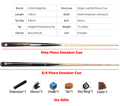 O'MIN ENLIGHTEN 3/4 Piece  1pc Snooker Cue with Case with Extension  Ash Snooker Cue