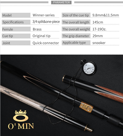 O'MIN VICTORY Snooker Cue 3/4 Piece Snooker Cue Kit with O'MIN Case with Telescopic Extension 9.0mm/9.8mm Tip Stick with Gifts