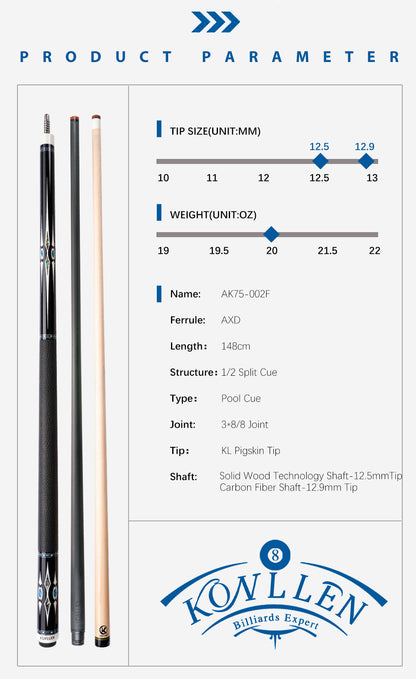 KONLLEN AK75-002F ألياف الكربون البلياردو عصا بلياردو تقنية الكربون مهاوي مزدوجة البطانة جديلة شعاعية 3 * 8/8 دبوس البلياردو مجموعة جديلة بركة