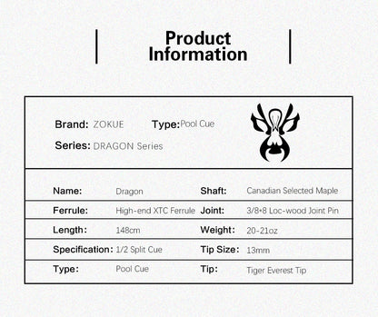 KONLLEN ZOKUE Dragon Pool Cue 10.5/11.5/12.5mm