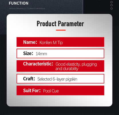 KONLLEN Pool Cue 14mm M Tip Elasticity Plugging Multi-Layers Pigskin