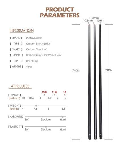 3142 POINOS Carbon Maple Single Shaft Billiard Pool Cue Stick Shaft 10.8/11.75/13mm Tip Uni-loc QR Joint Bullet Shaft