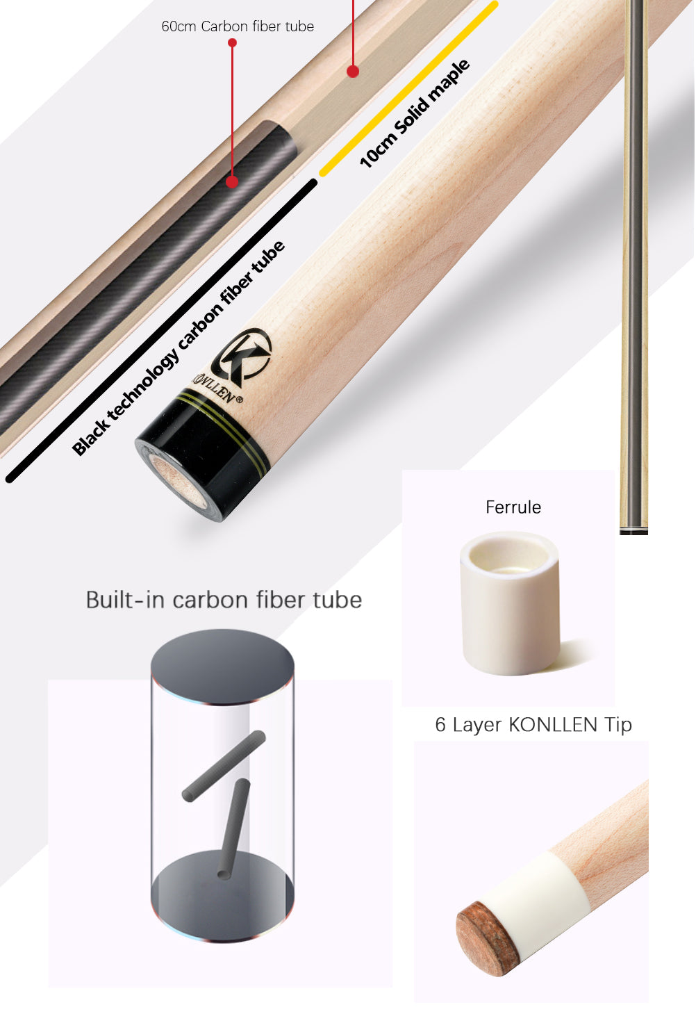 KONLLEN Solid Maple Wood Technology Shaft Billiard Pool Cue Kit Shaft 3/8*8  Radial Pin Joint 12.9mm Tip Carbon Fiber Tube Shaft