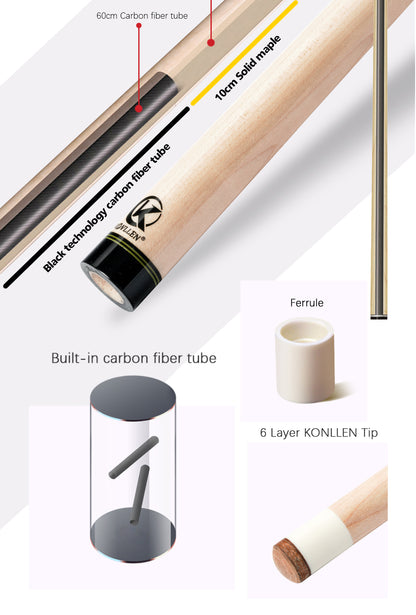 KONLLEN Solid Maple Wood Technology Shaft Billiard Pool Cue Kit Shaft 3/8*8 Radial Pin Joint 12.9mm Tip Carbon Fiber Tube Shaft