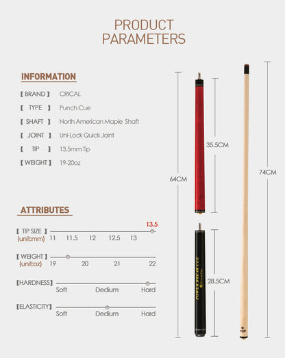 Crical Billiards 3 Pieces Punch Jump Cue Pool 138cm 13.5mm Tip Hard Maple Shaft Break Jump Cue Stick Technology Professional Cue